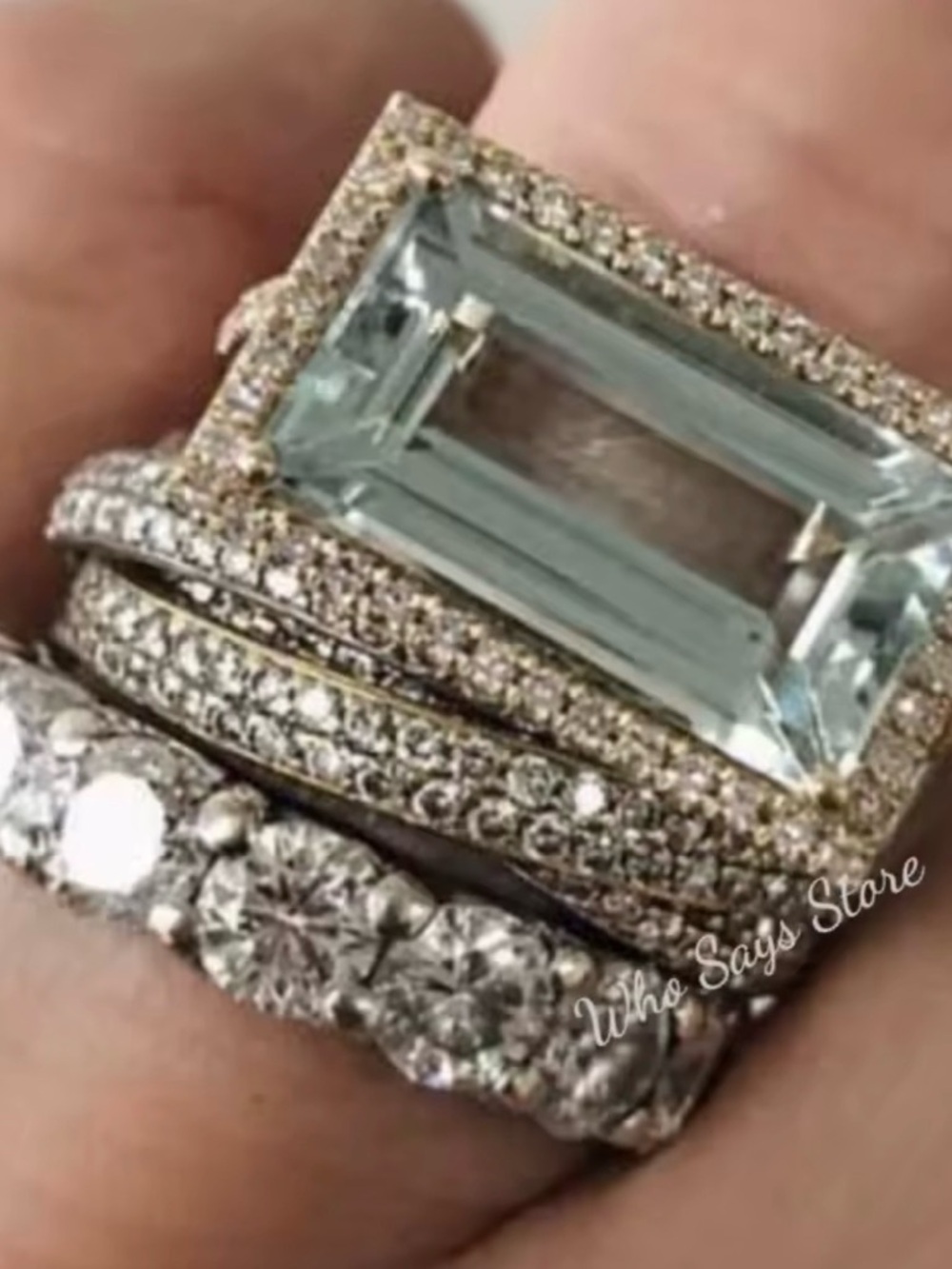 Aquamarine-Center Halo Stackable Ring Set - Women Jewelry